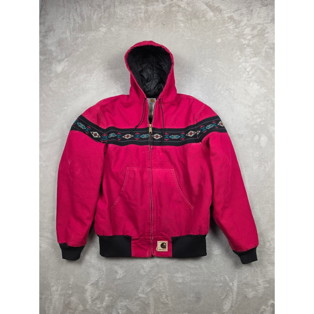 Vintage Carhartt Aztec Active Jacket Men L Red Southwestern Hooded Canvas Bomber